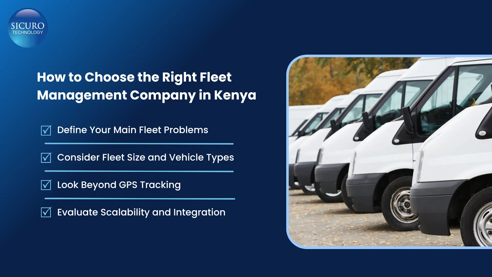 Checklist graphic by Sicuro Technology explaining how to choose the right fleet management company in Kenya, featuring a fleet of white commercial vans.